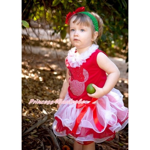 Xmas Red Baby Pettitop with Sparkle Crystal Bling Red Minnie Print with White Chiffon Lacing with Red Bow Red White Petal Newborn Pettiskirt NG1284 